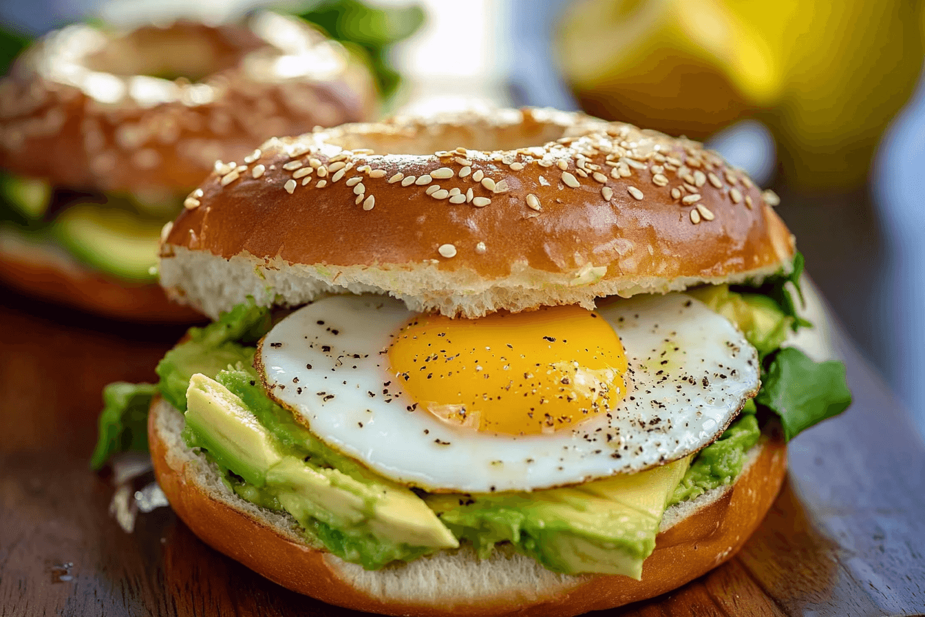 Avocado bagel breakfast sandwich with fried egg