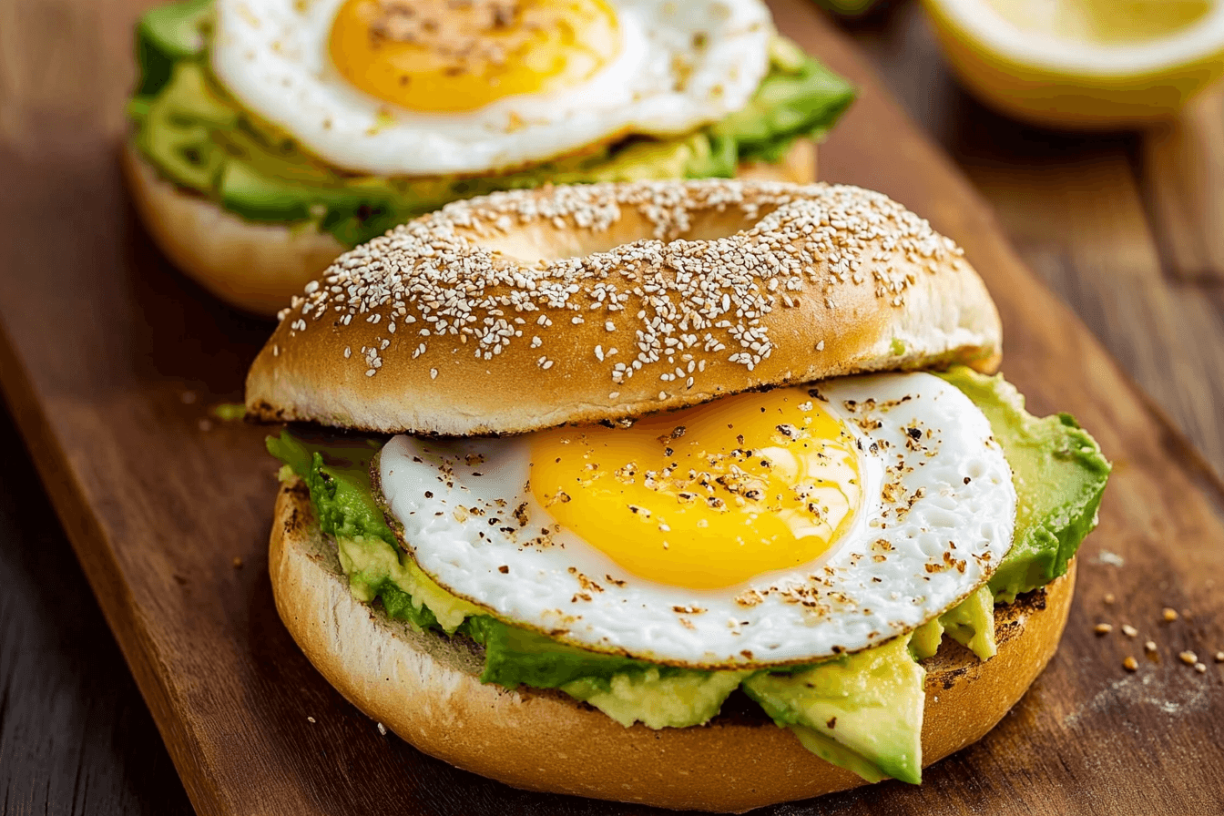 Avocado bagel breakfast sandwich with fried egg