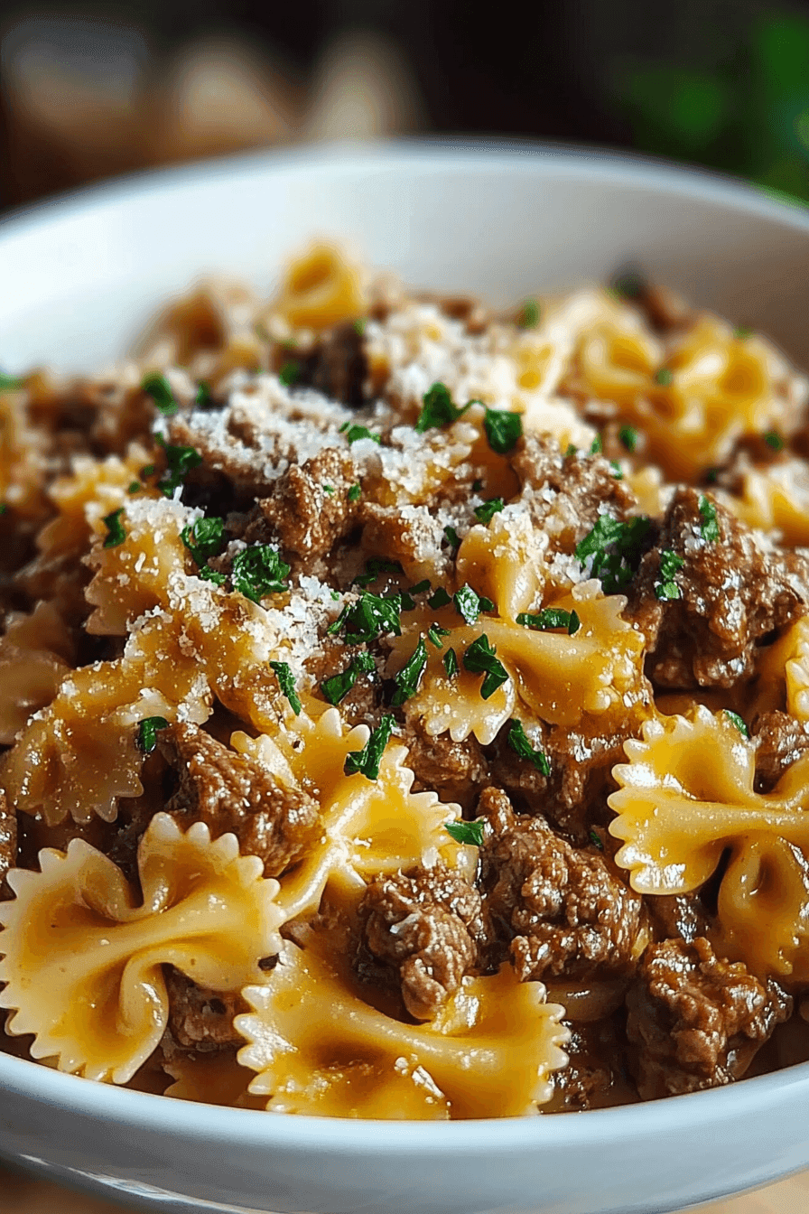 Cheesy Beef and Bowtie Pasta in Garlic Butter