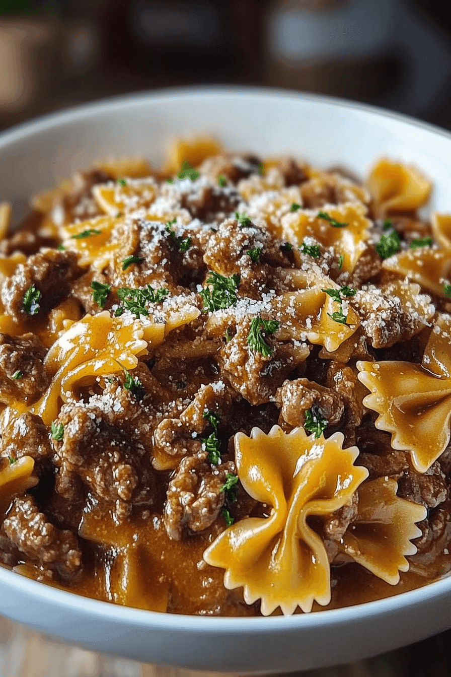 Cheesy Beef and Bowtie Pasta in Garlic Butter