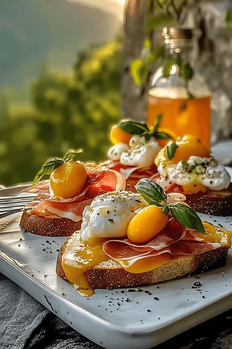 Cheesy Burrata Crostini with Prosciutto and Peaches