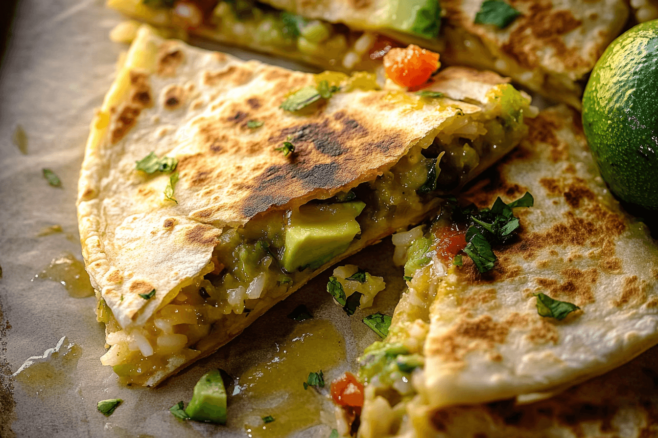 Cheesy Green Chile and Avocado Rice Quesadillas