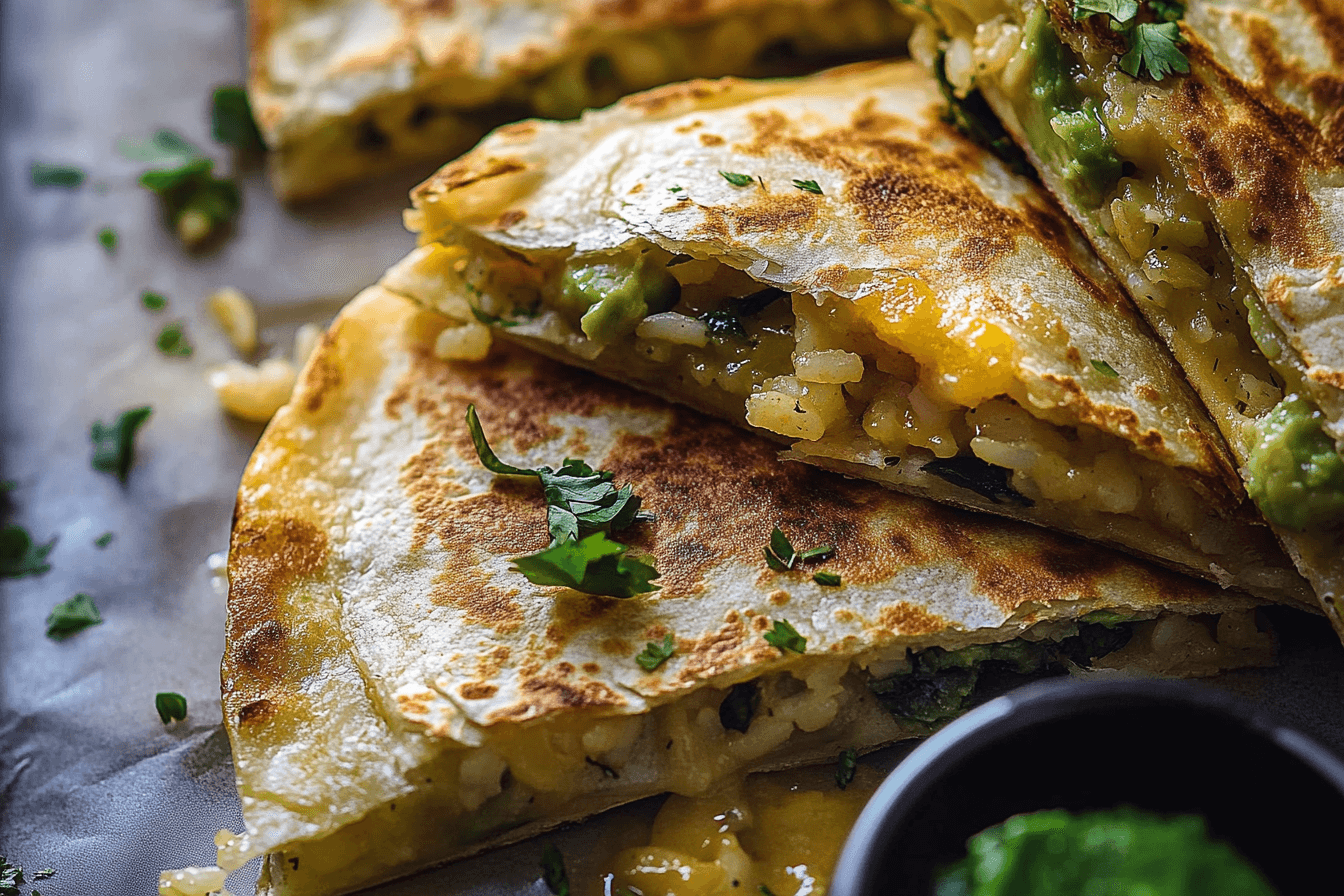 Cheesy Green Chile and Avocado Rice Quesadillas