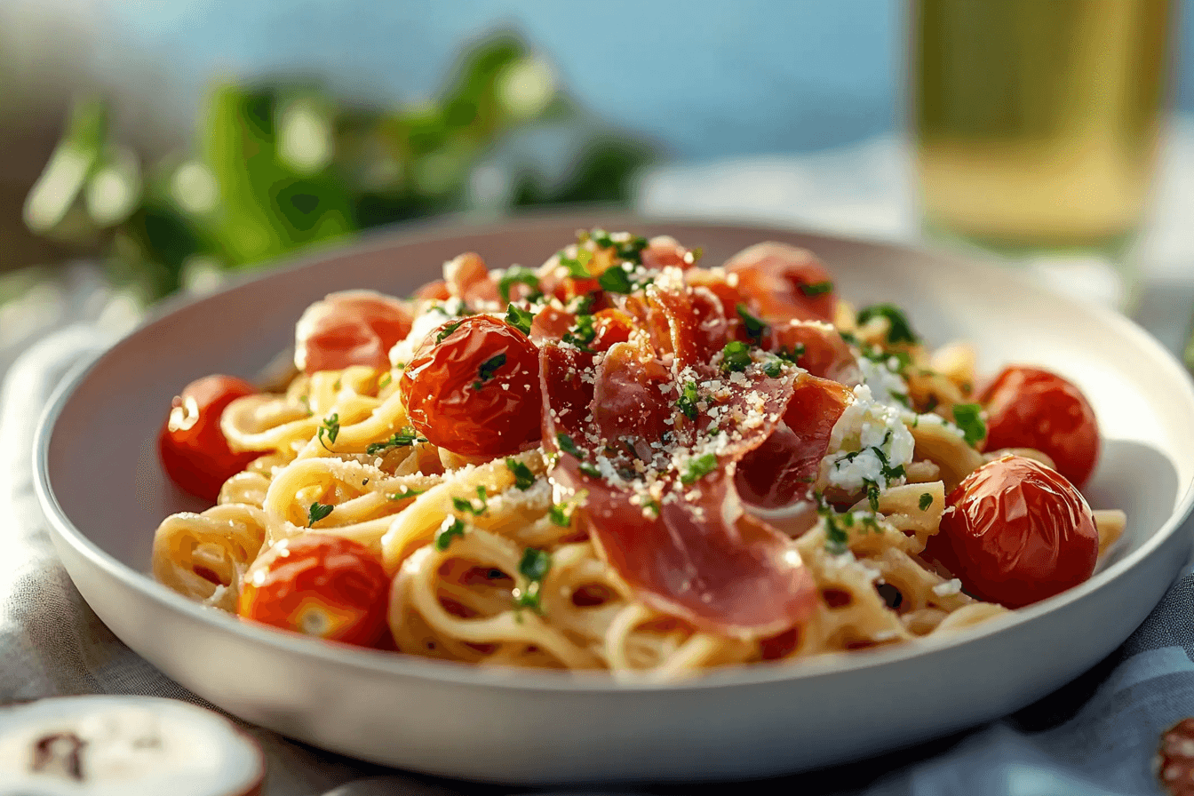 Creamy Roasted Tomato Ricotta Pasta with Crispy Prosciutto