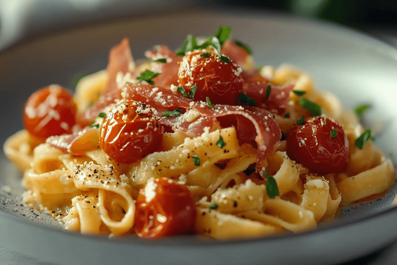 Creamy Roasted Tomato Ricotta Pasta with Crispy Prosciutto