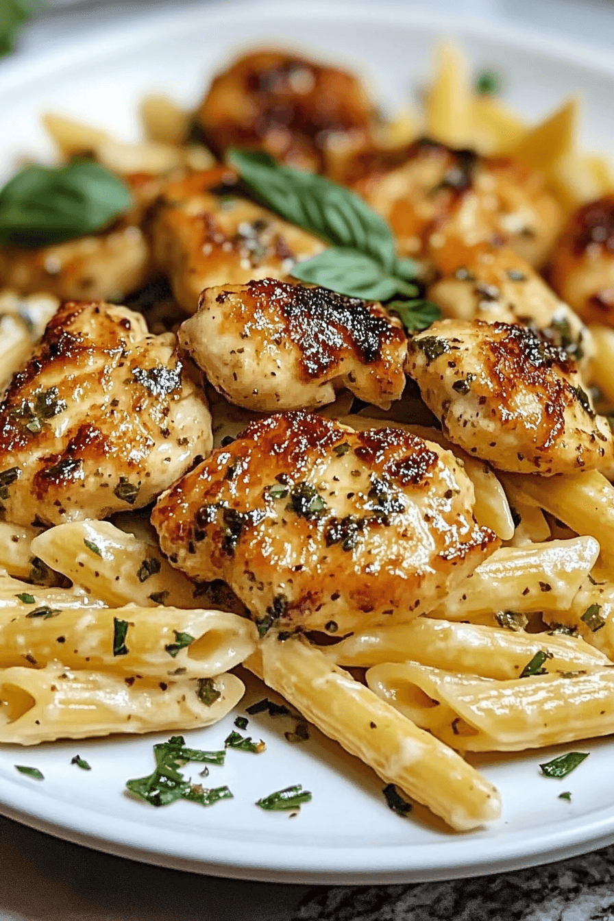 Herb Garlic Chicken Bites with Creamy Cheesy Penne Pasta