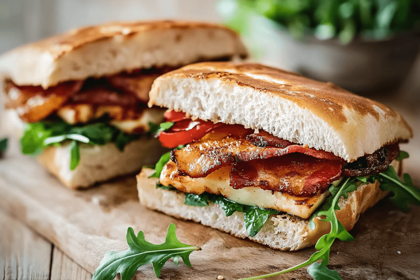 Honey Toasted Halloumi & Bacon Sandwiches with Marinated Veggies