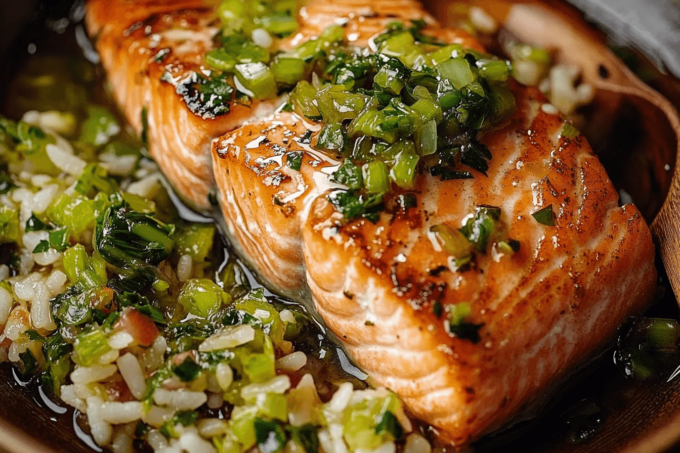 Miso Butter Salmon with Sizzled Scallion Salsa Verde