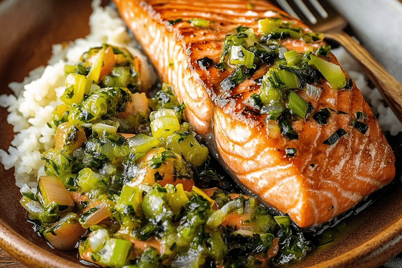 Miso Butter Salmon with Sizzled Scallion Salsa Verde