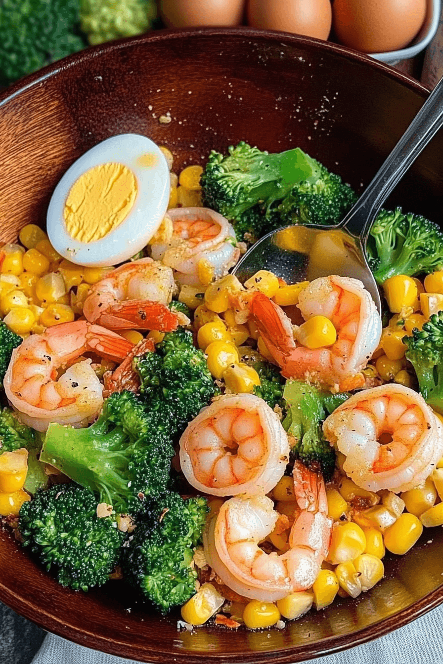 Shrimp and Broccoli Salad with Corn and Eggs