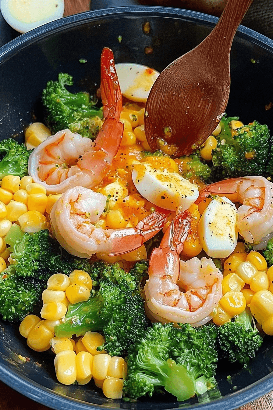 Shrimp and Broccoli Salad with Corn and Eggs