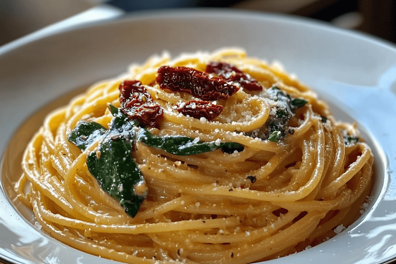 Spaghetti & Spinach with Sun-Dried Tomato Cream Sauce