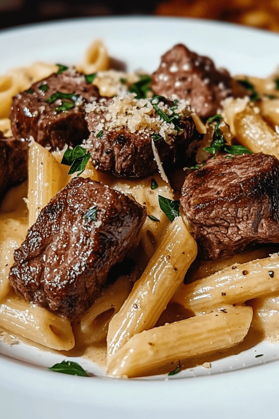 Steak Bites and Penne in Garlic Parmesan Velvety Sauce