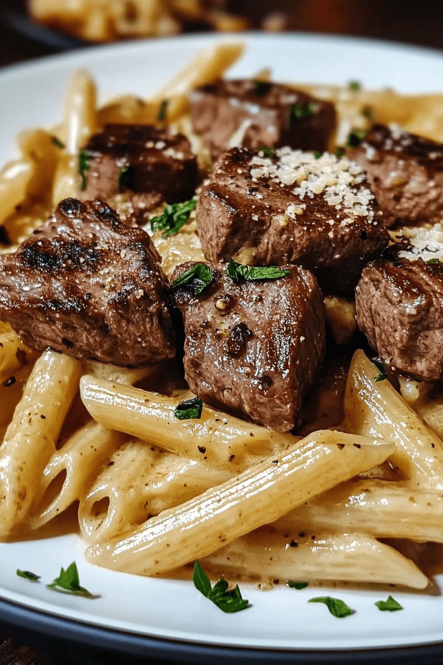 Steak Bites and Penne in Garlic Parmesan Velvety Sauce