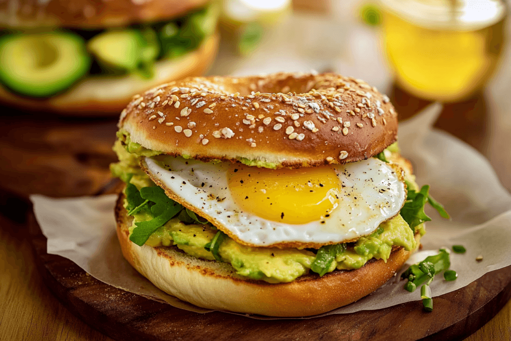 Avocado bagel breakfast sandwich with fried egg