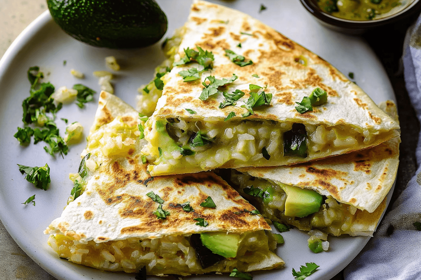 Cheesy Green Chile and Avocado Rice Quesadillas