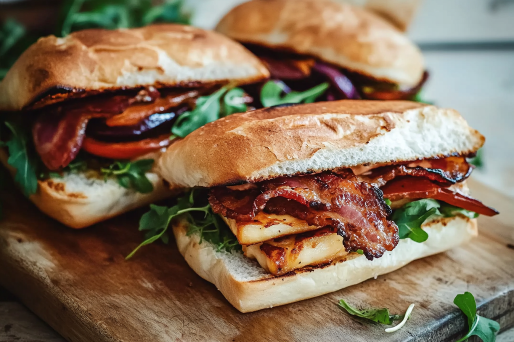 Honey Toasted Halloumi & Bacon Sandwiches with Marinated Veggies