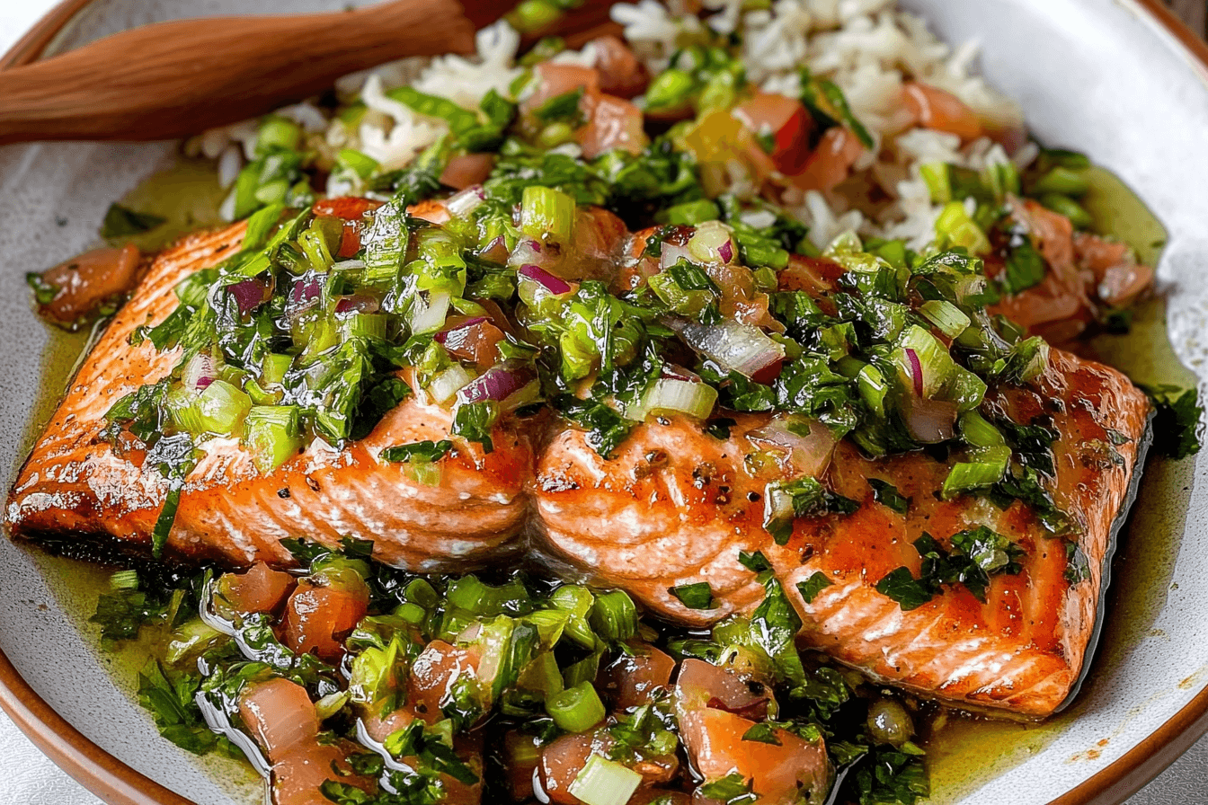 Miso Butter Salmon with Sizzled Scallion Salsa Verde