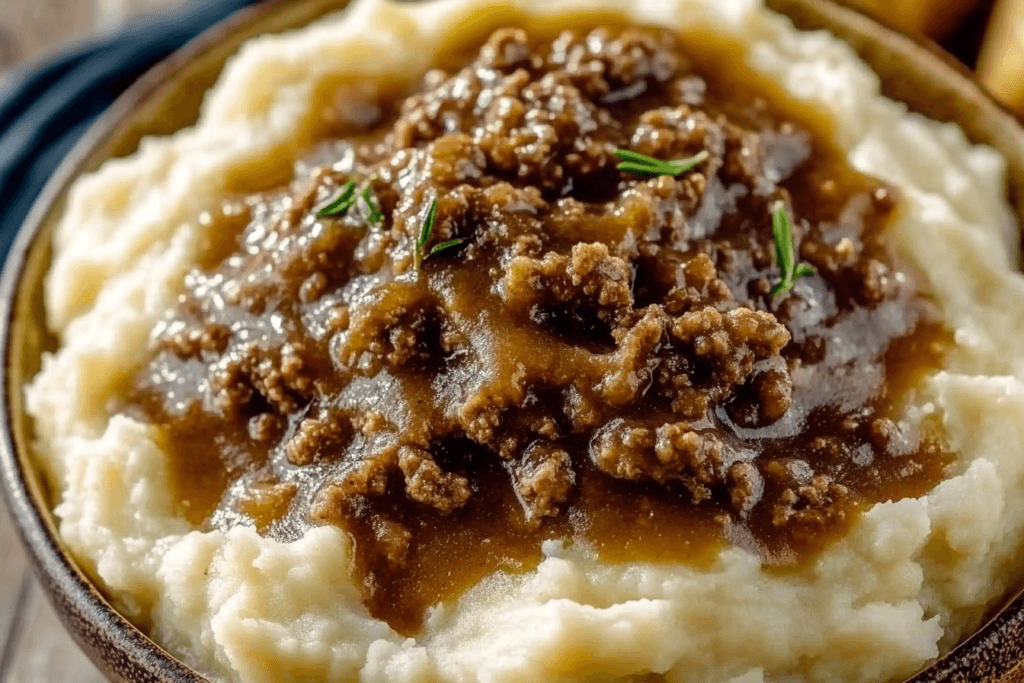 Ground Beef and Gravy Over Mashed Potatoes