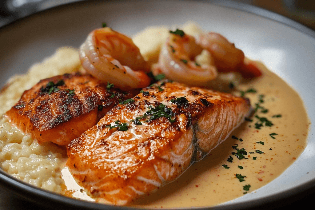 Red Salmon, Shrimp & Grits with Cajun Cream Sauce