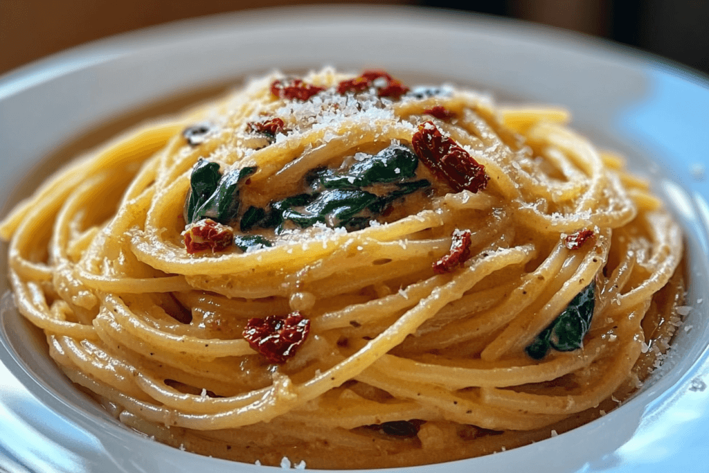 Spaghetti & Spinach with Sun-Dried Tomato Cream Sauce