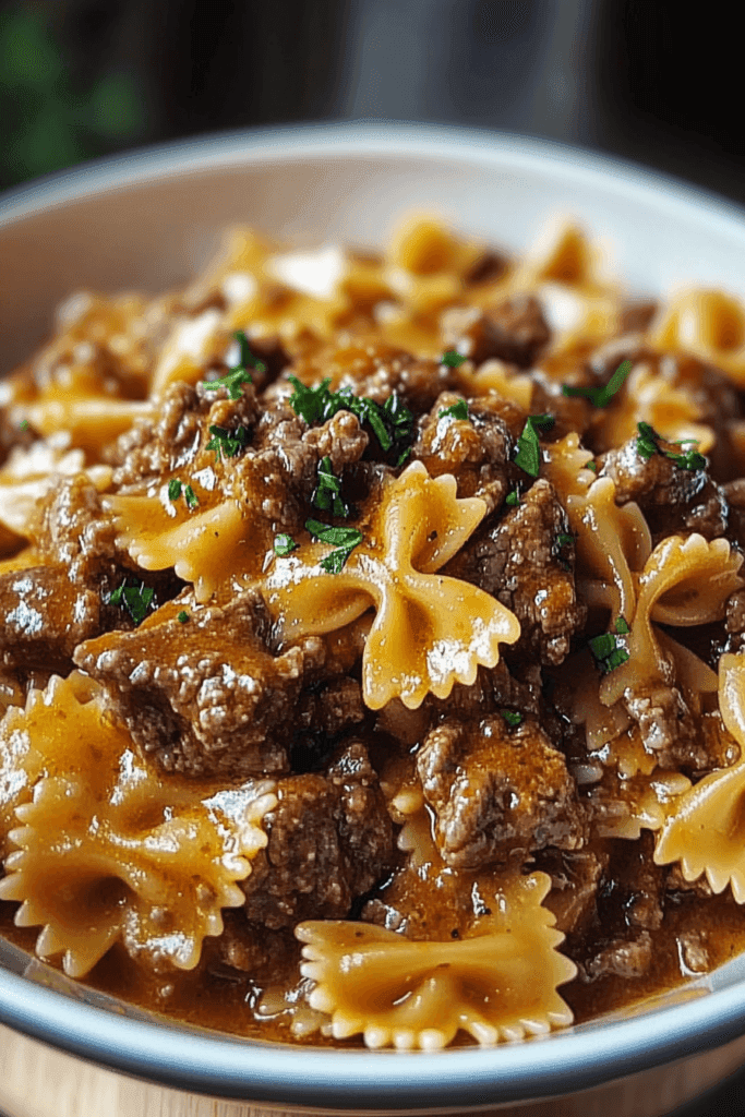 Cheesy Beef and Bowtie Pasta in Garlic Butter