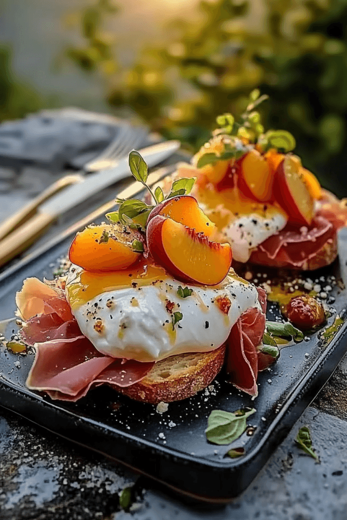 Cheesy Burrata Crostini with Prosciutto and Peaches