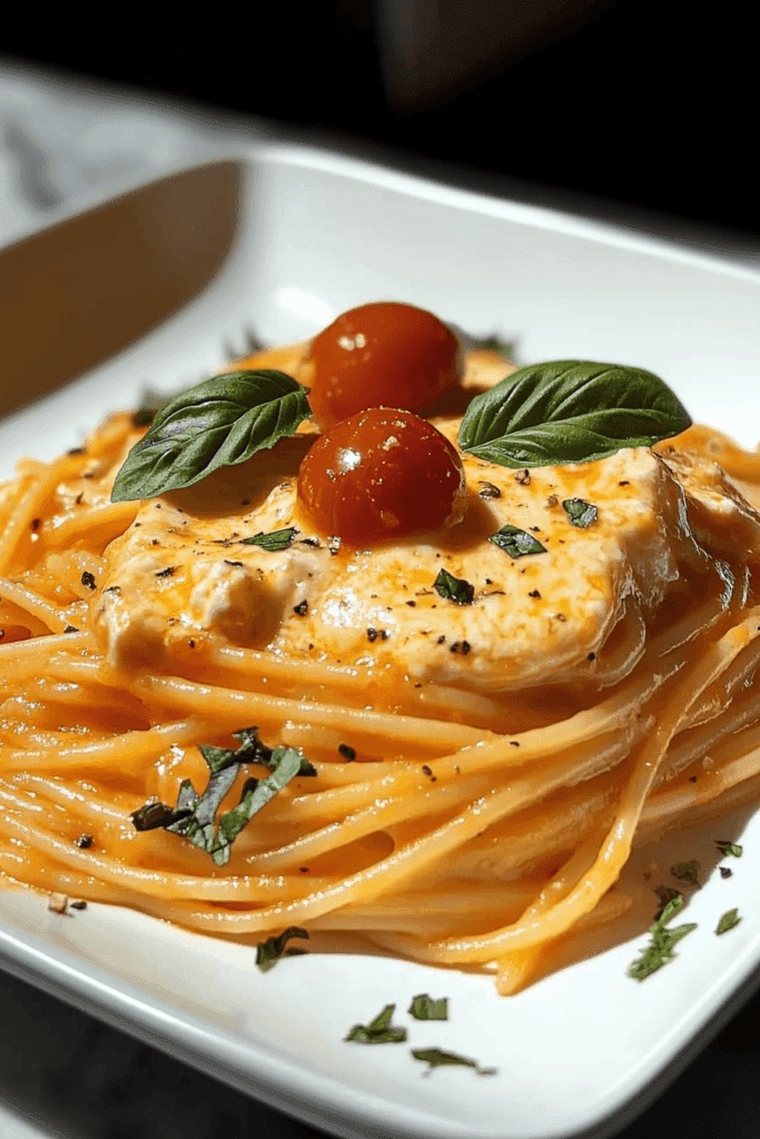 Cheesy Garlic Parmesan Spaghetti with Cream Cheese and Tomato Sauce