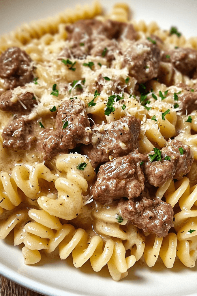 Easy Beef and Rotini in Garlic Parmesan Sauce