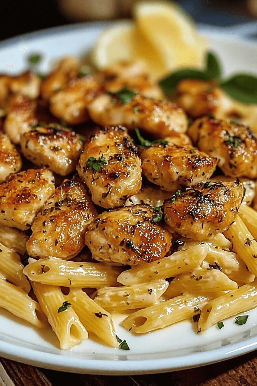 Herb Garlic Chicken Bites with Creamy Cheesy Penne Pasta