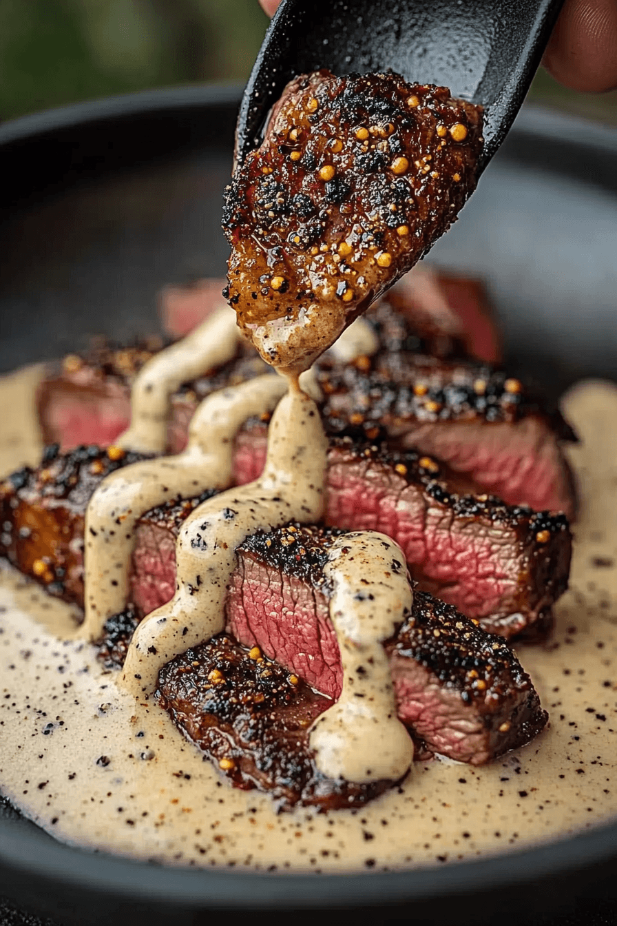 Peppercorn Crusted Steak with Creamy Peppercorn Sauce