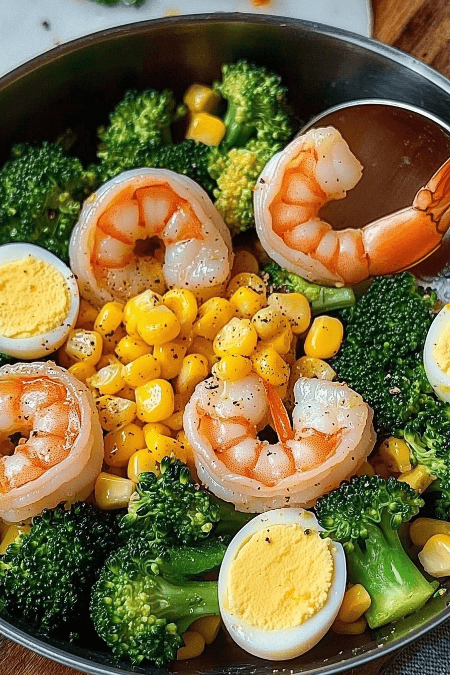 Shrimp and Broccoli Salad with Corn and Eggs