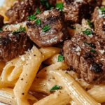 Steak Bites and Penne in Garlic Parmesan Velvety Sauce