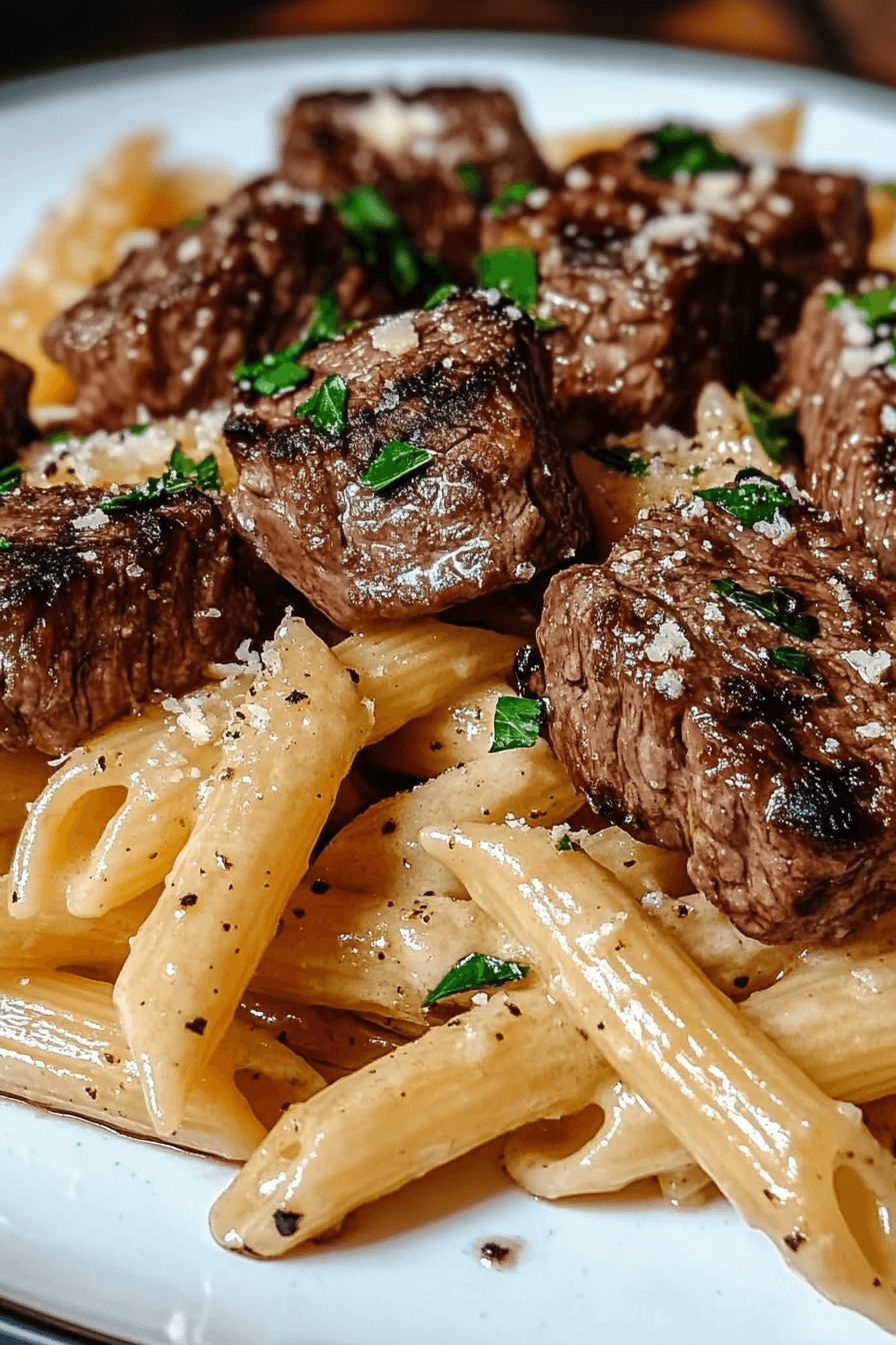 Steak Bites and Penne in Garlic Parmesan Velvety Sauce