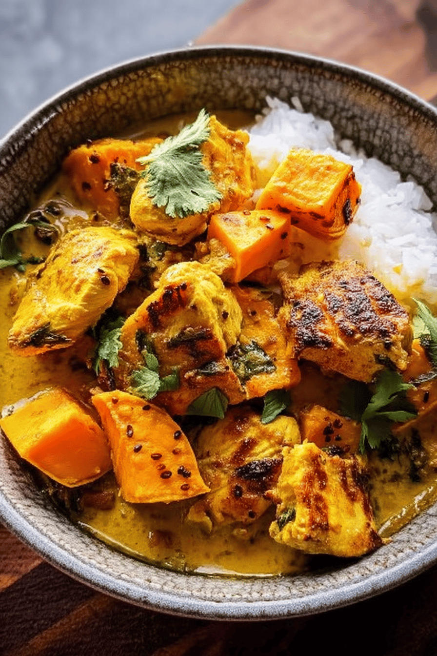 Coconut Turmeric Chicken with Sweet Potatoes and Crispy Shallot Oil