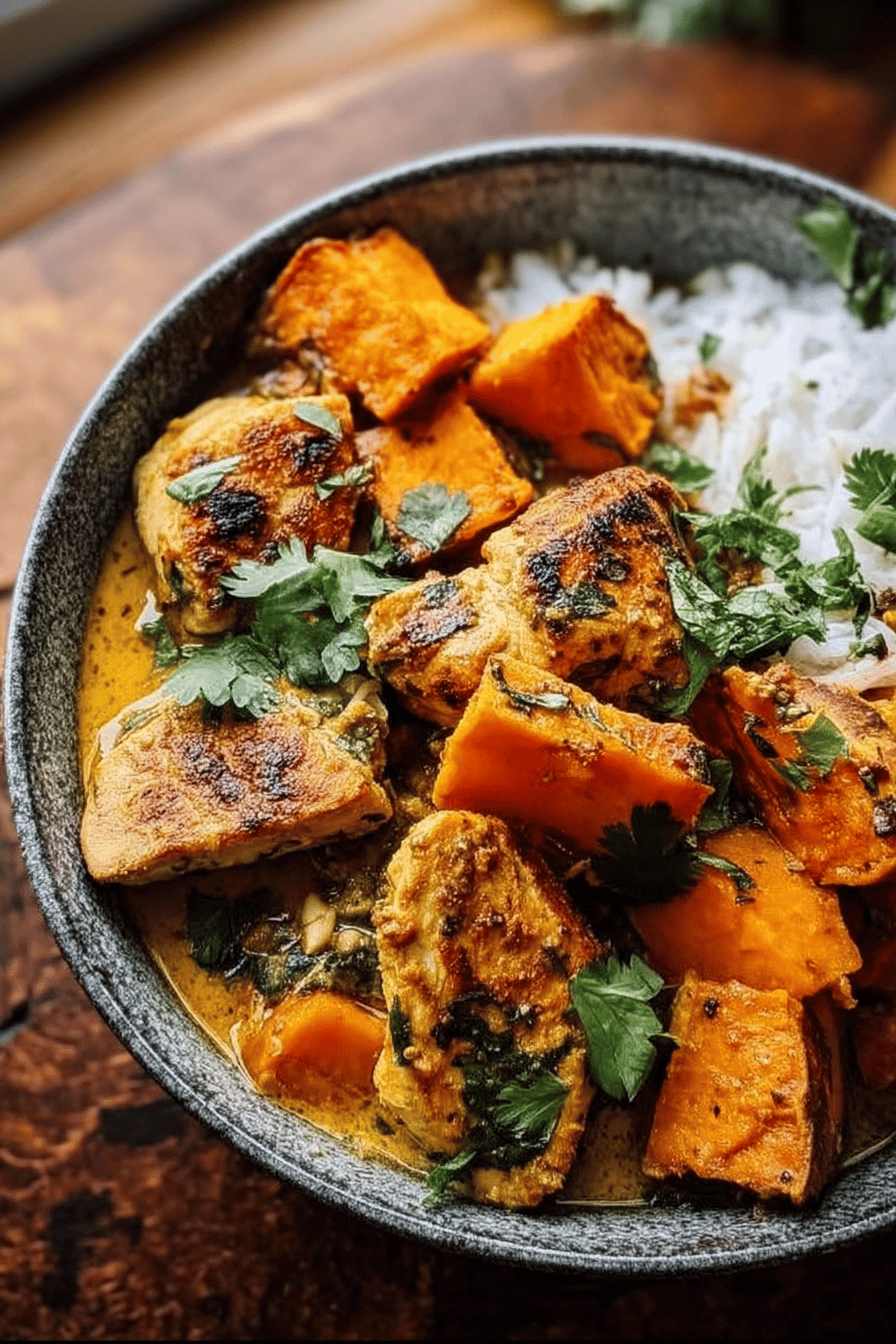 Coconut Turmeric Chicken with Sweet Potatoes and Crispy Shallot Oil