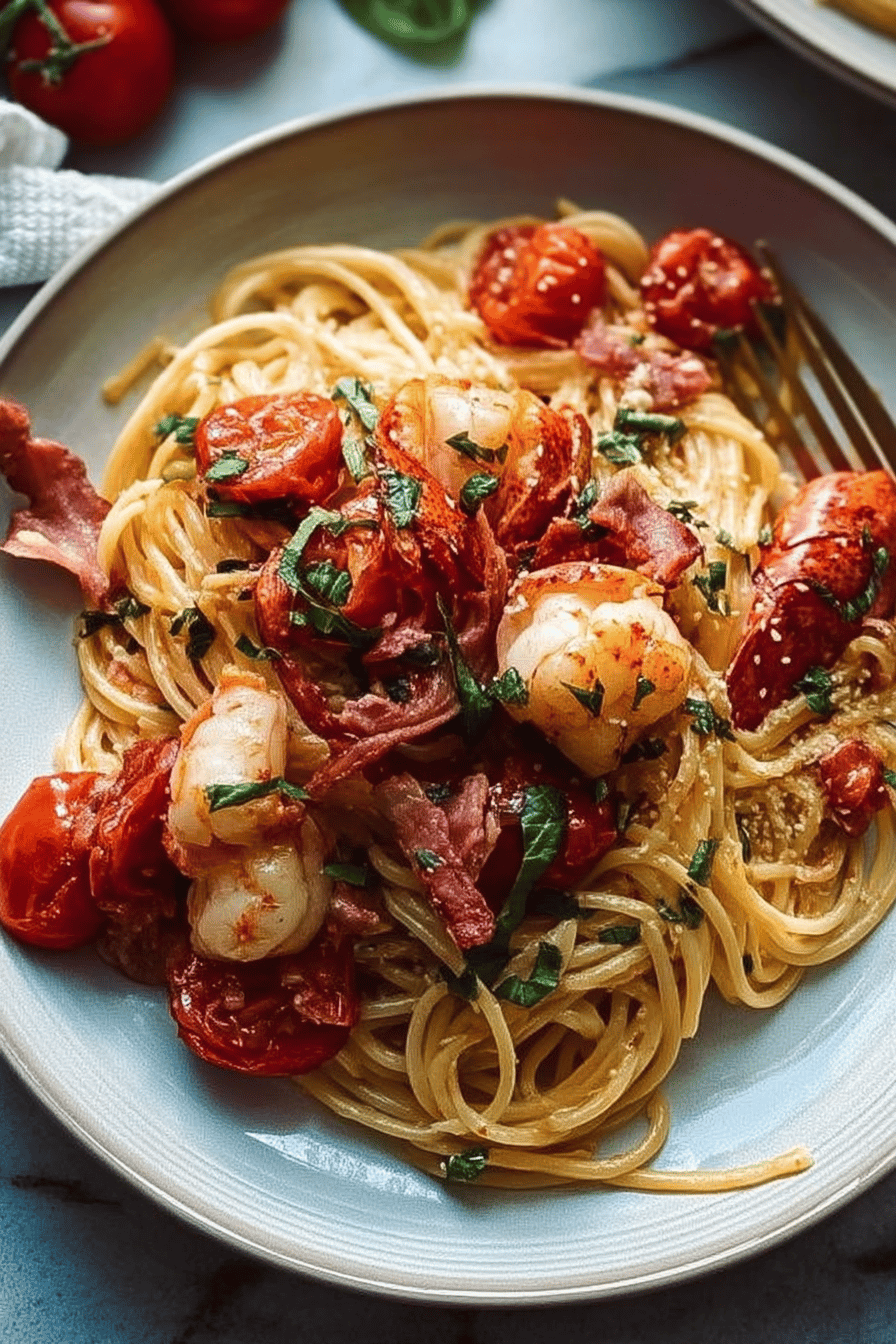 Lobster and Prosciutto Pasta with Tomato Basil Sauce