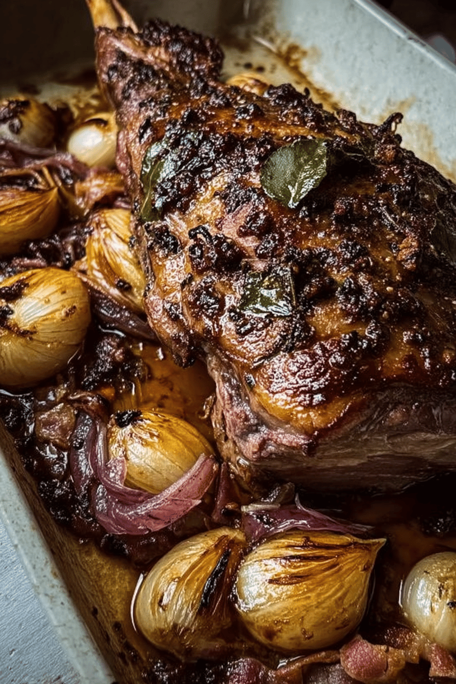Saffron Honey Roasted Lamb with Crispy Bacon and Caramelized Onions