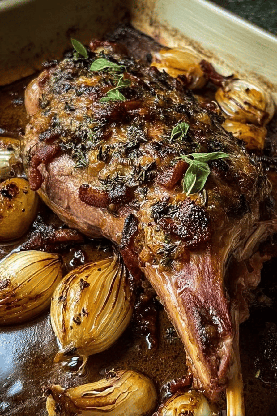 Saffron Honey Roasted Lamb with Crispy Bacon and Caramelized Onions