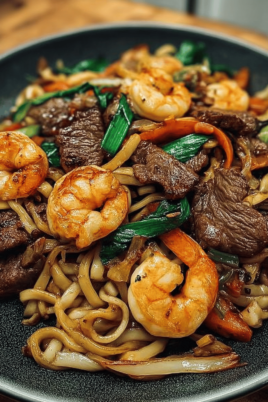Steak Shrimp Stir-Fried Noodles