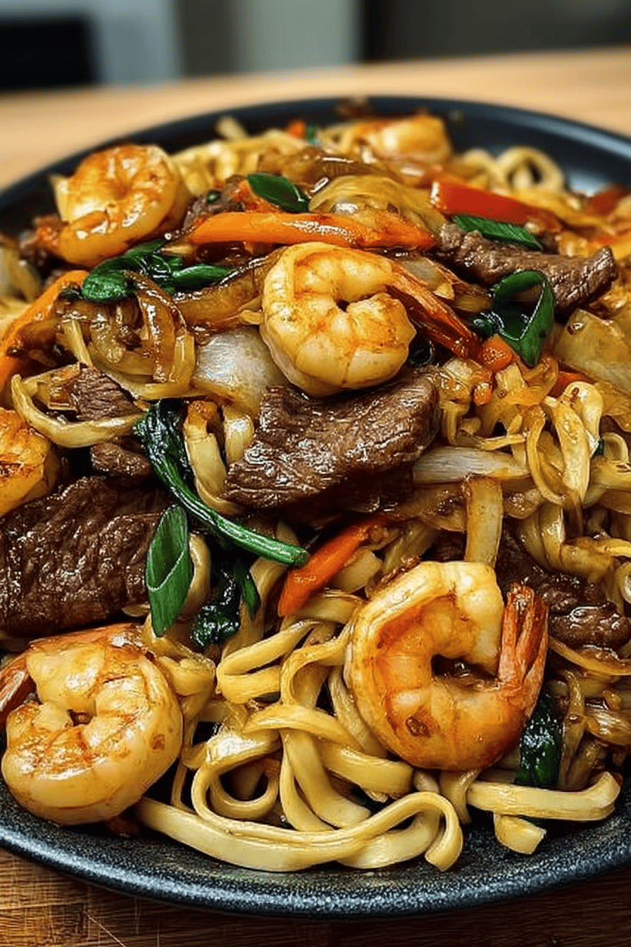 Steak Shrimp Stir-Fried Noodles