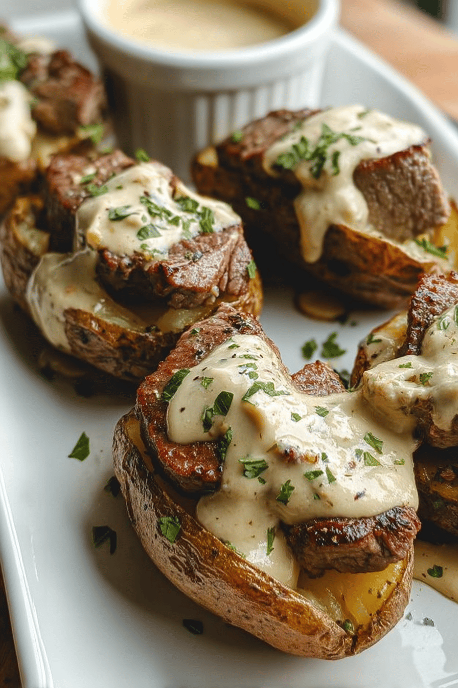 Steak-Stuffed Baked Potatoes with Parmesan Cream Sauce