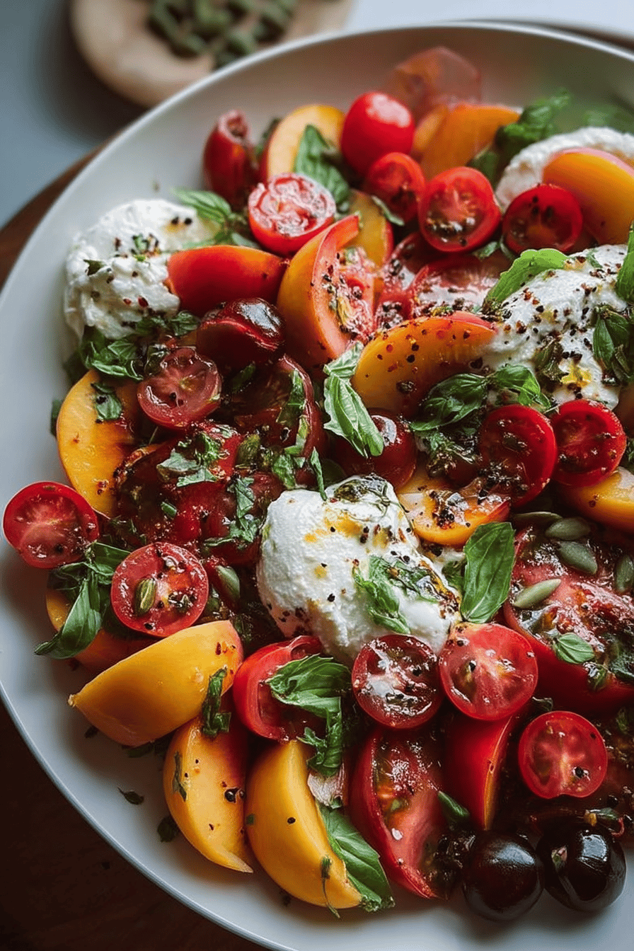 Tomato Peach Burrata Salad