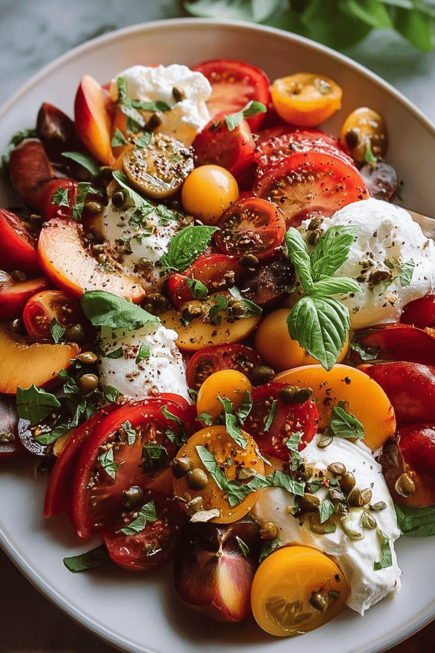 Tomato Peach Burrata Salad