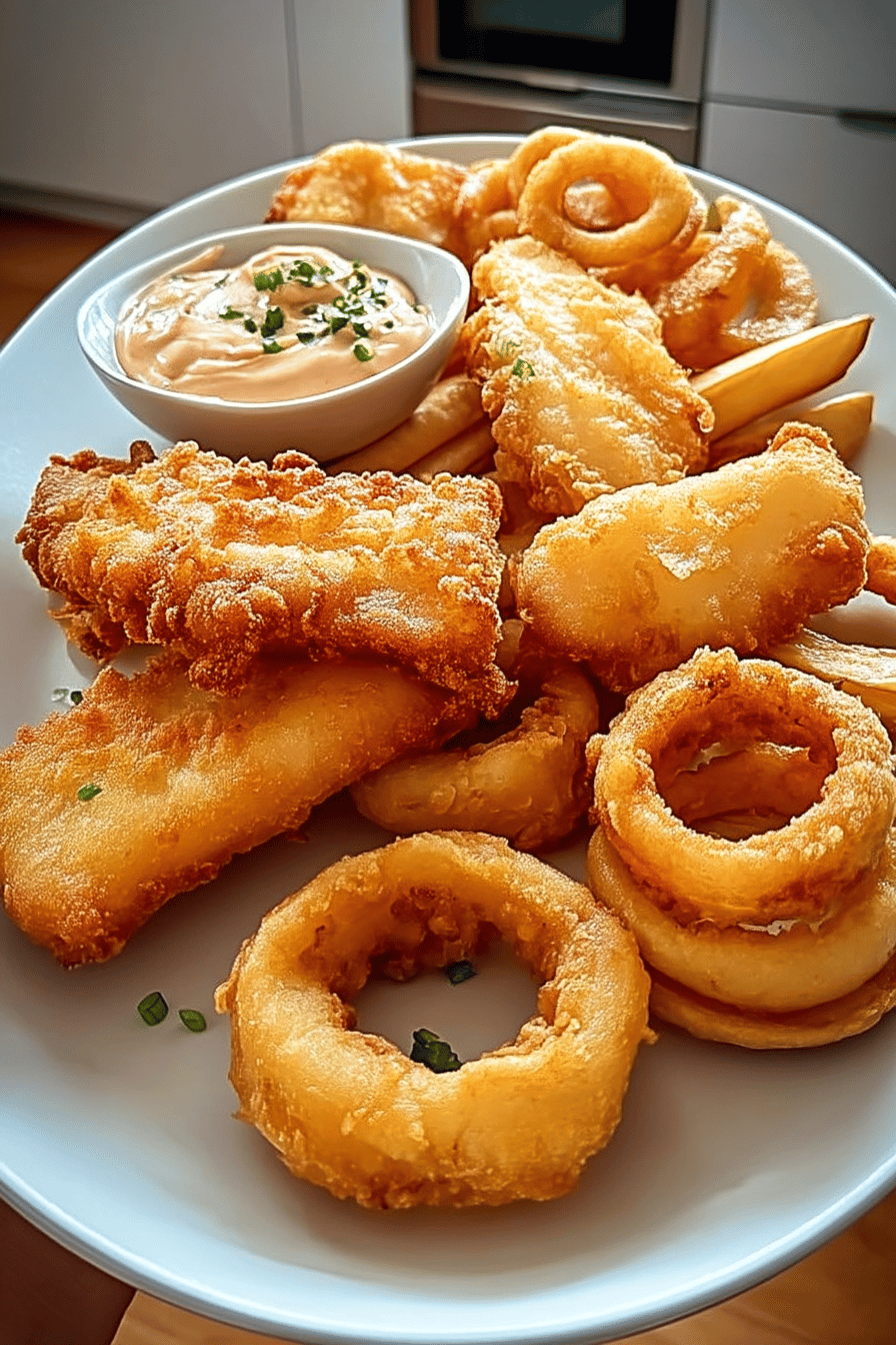 crispy battered cod and onion rings platter