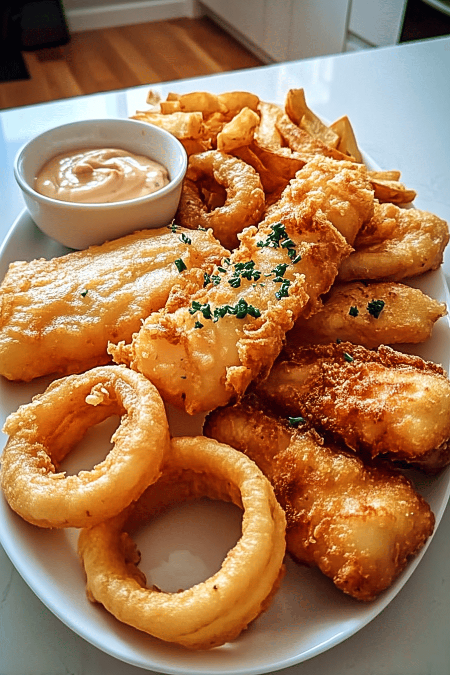 crispy battered cod and onion rings platter