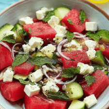 Watermelon Feta Mint Salad with Cucumber and Grilled Steak