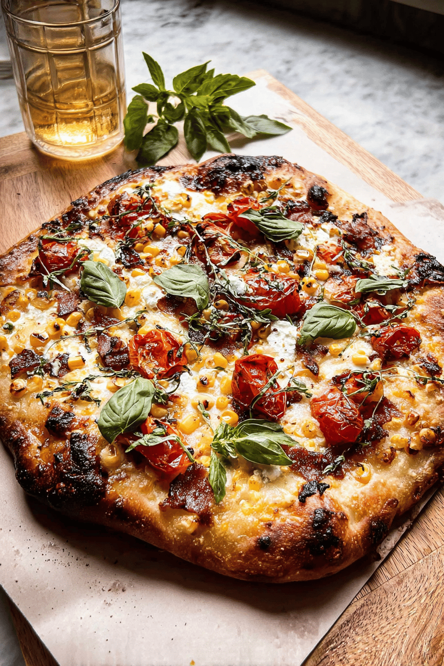 Bacon Goat Cheese Tomato Corn Pizza