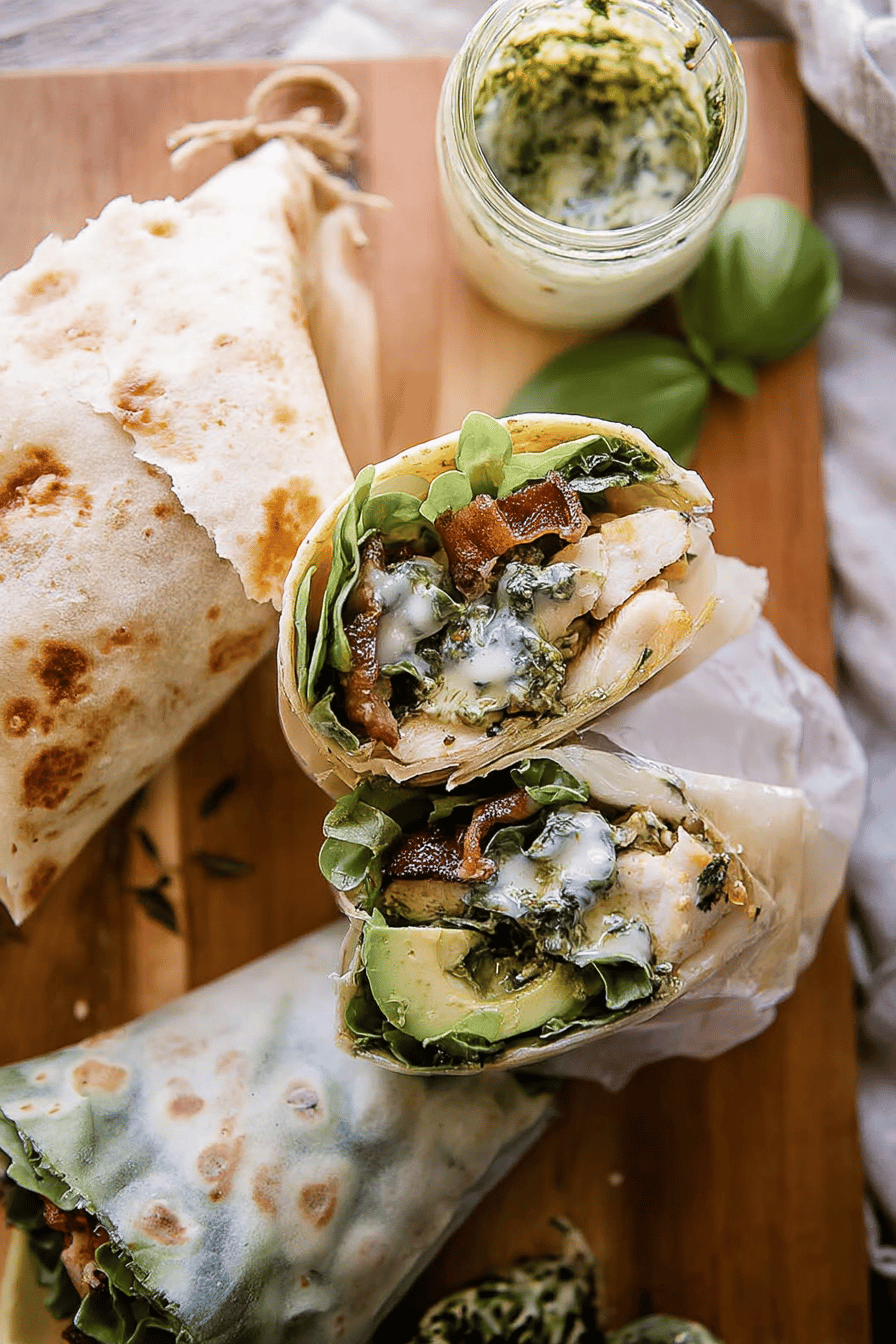Pesto Chicken And Avocado Bacon Salad Wraps