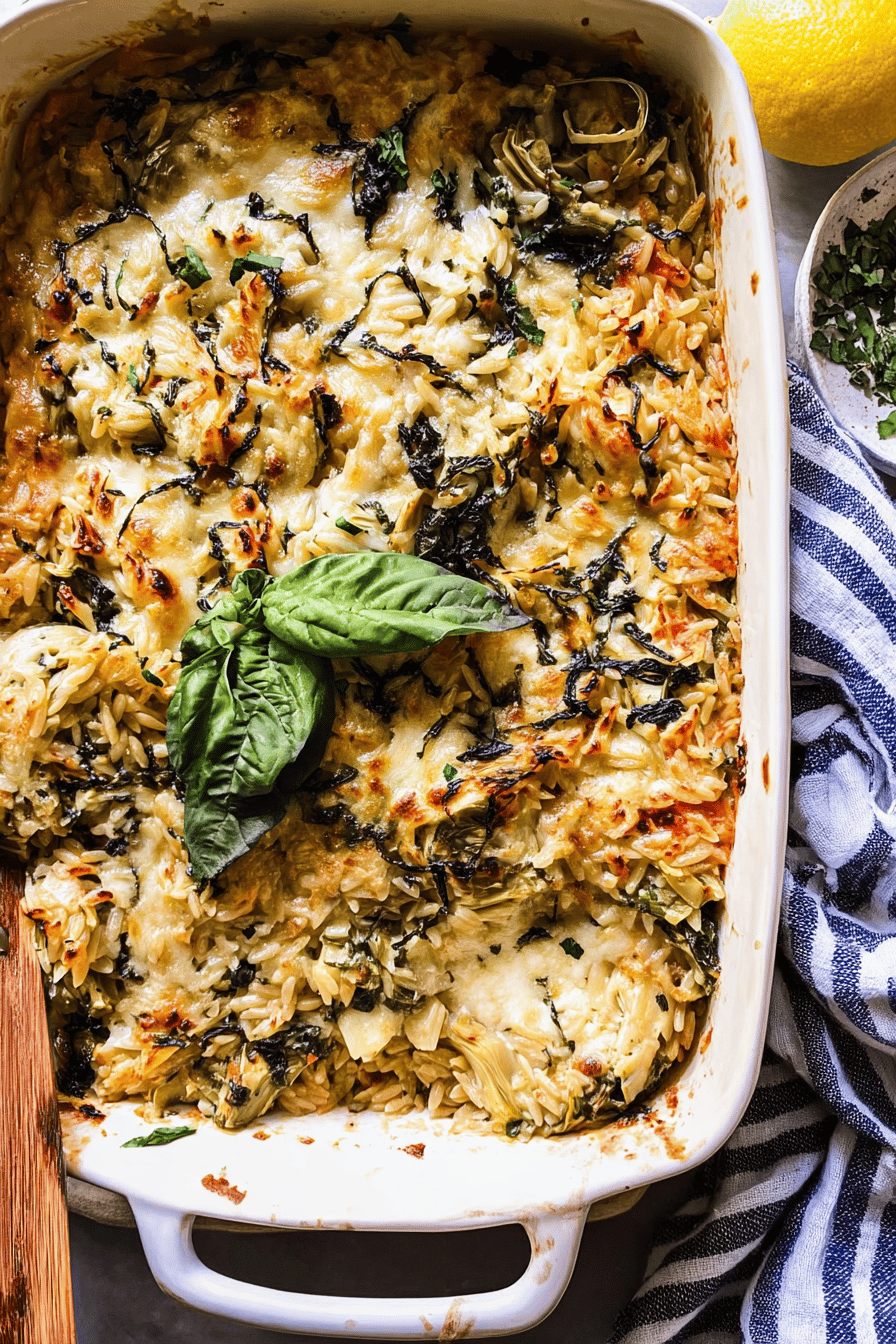 Spinach And Artichoke Orzo Bake